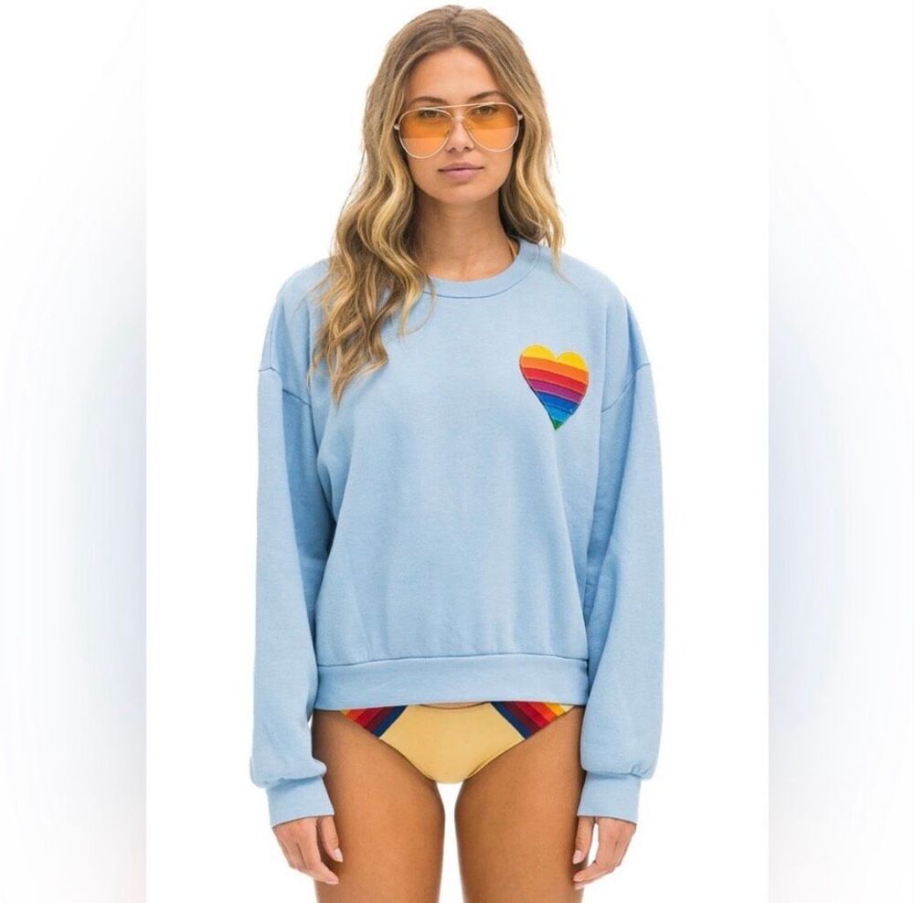 Aviator Nation Rainbow Heart Stitch Crewneck Sweatshirt Size Small